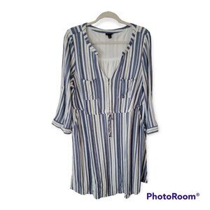 Torrid Blue White Stripe Zip Drawstring Shirt Dress Woman Plus Size 1X Pockets